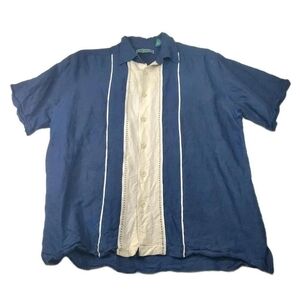 Cubavera Linen Shirt Mens Medium Navy Blue And White Short Sleeves Button Down